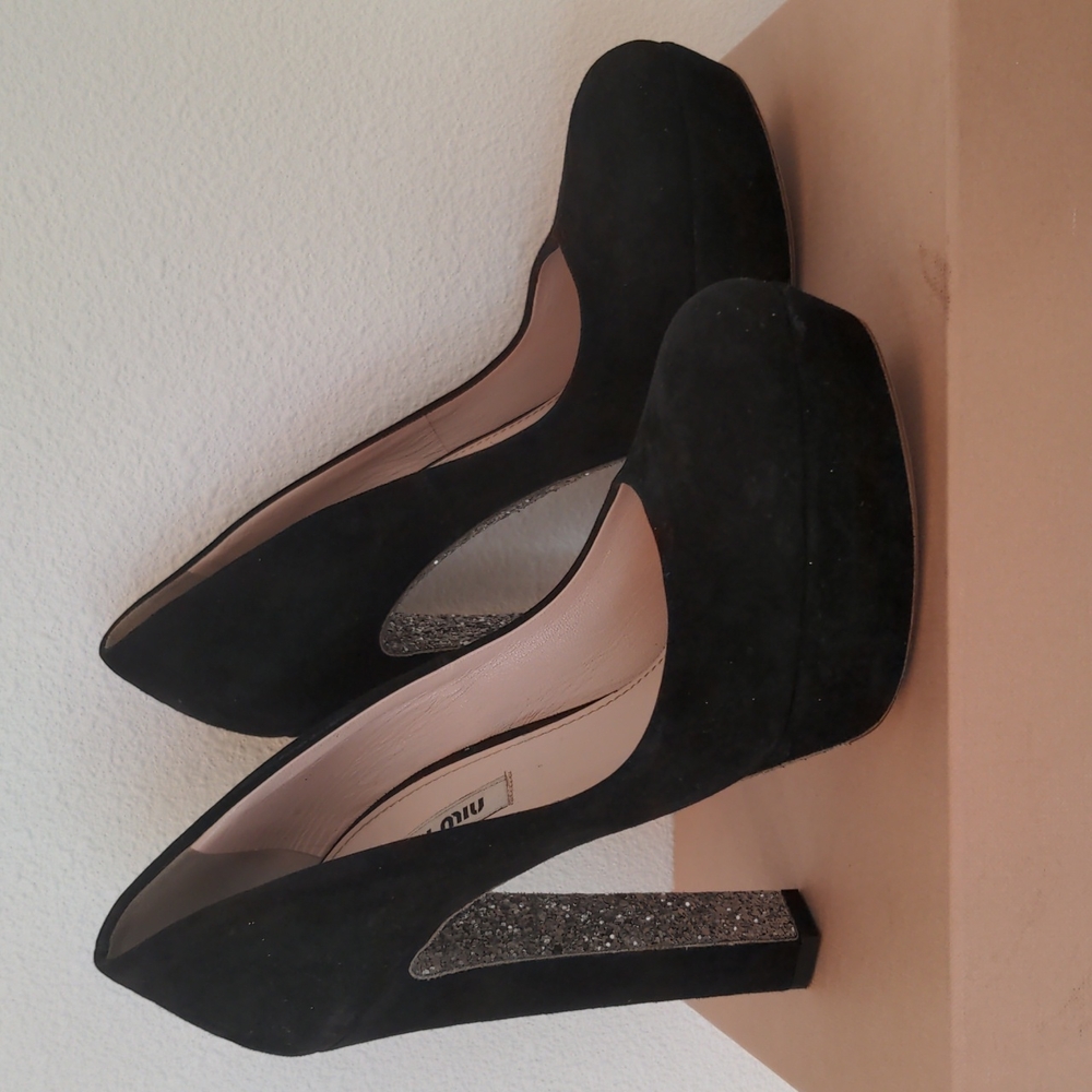 Miu Miu Black Suede Heels Glitter Sole 38 / Womens 7.5 - 8